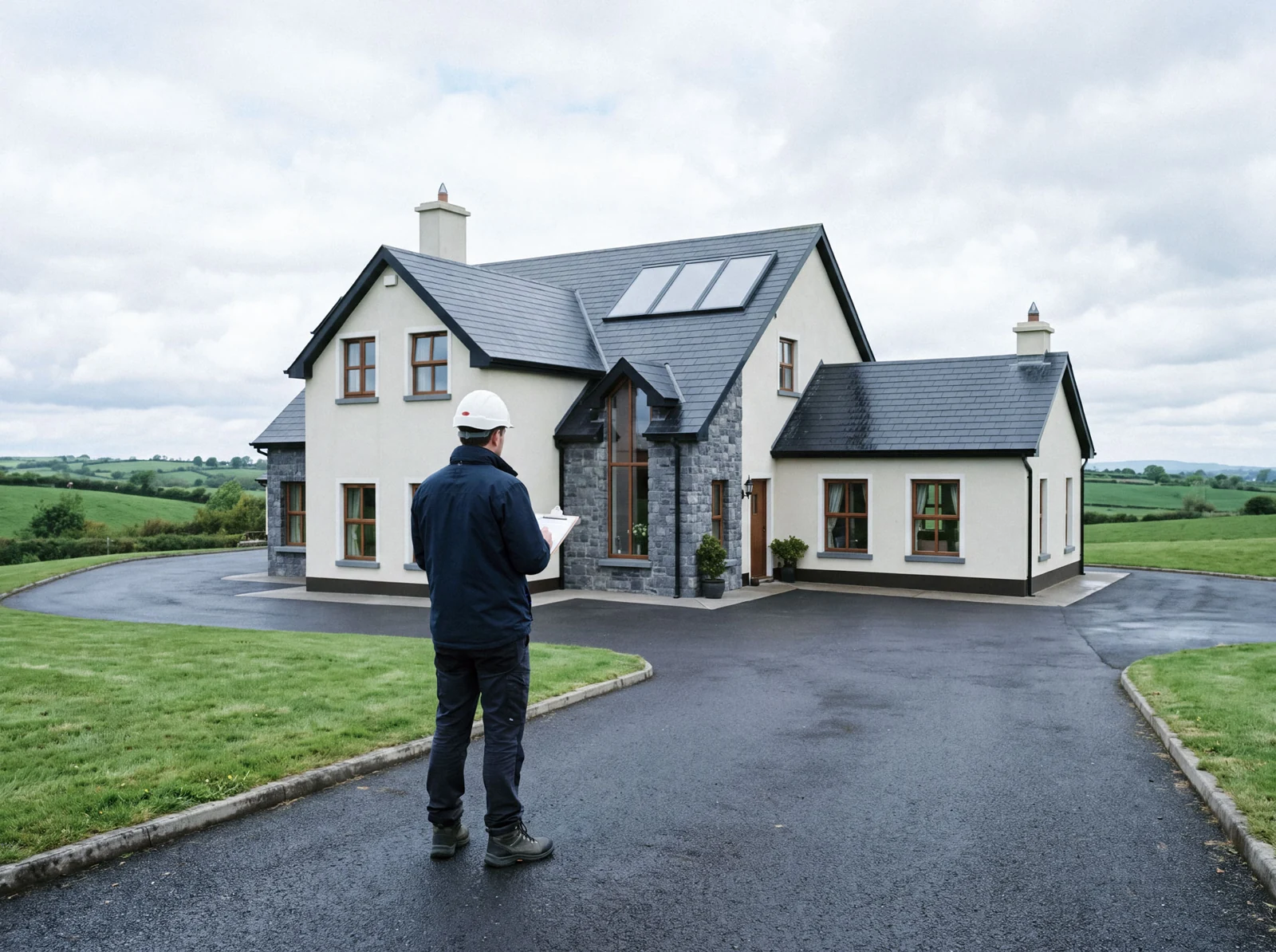 An engineer inspecting a two-storey house in the Irish countryside