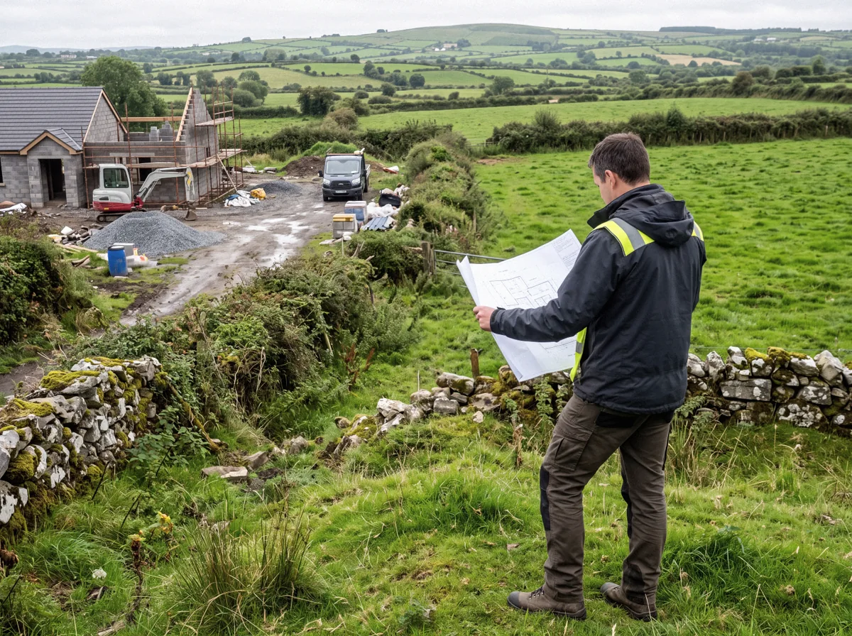 An engineer reviewing drawings at a rural construction site